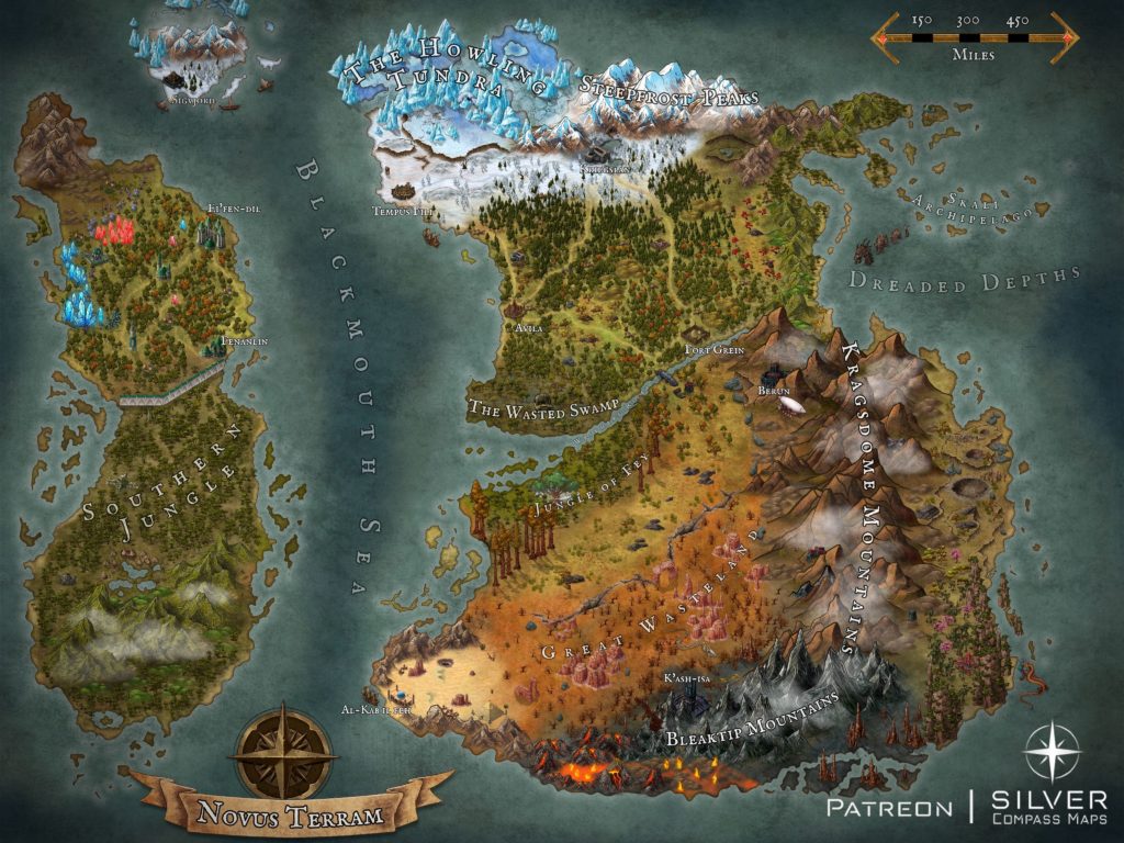 A fantasy world map with two continents and a variety of biomes.