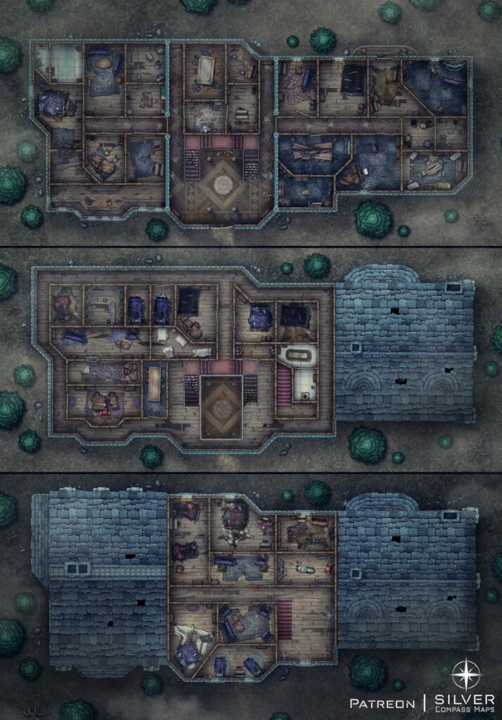 Three story manor with various rooms in disrepair