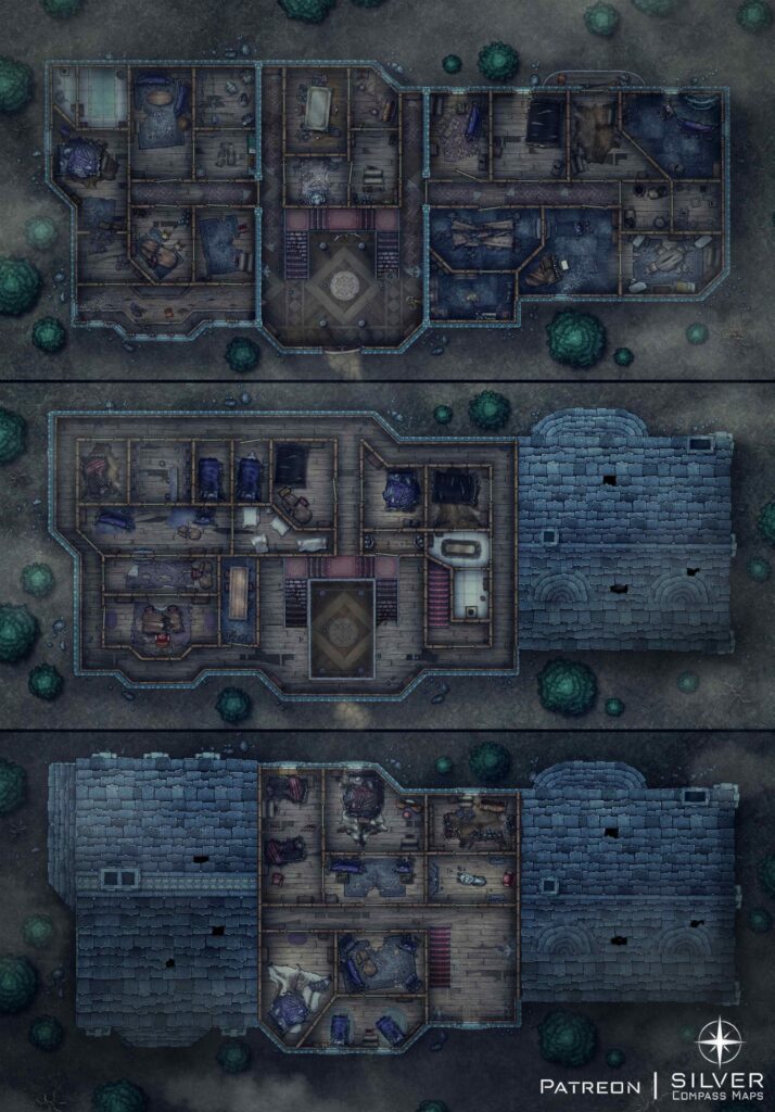 Three story manor with various rooms in disrepair