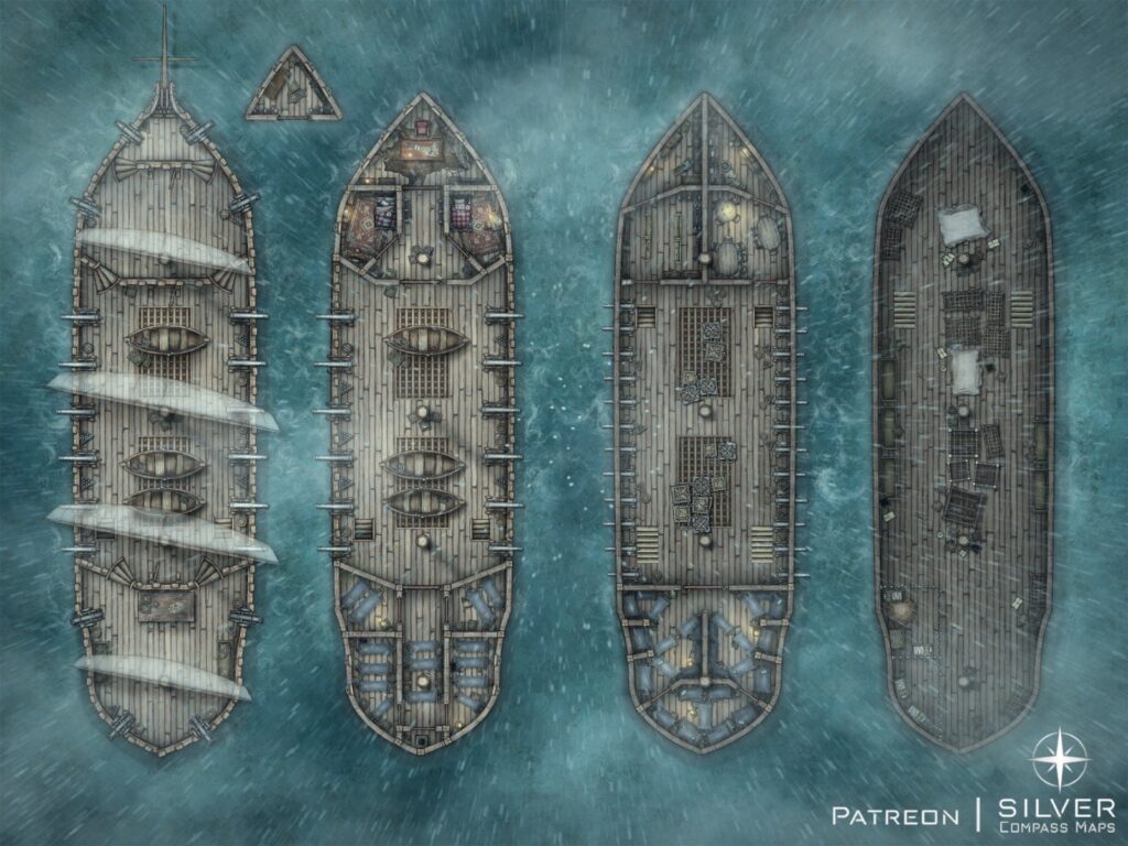 A large ship with cannons in a storm