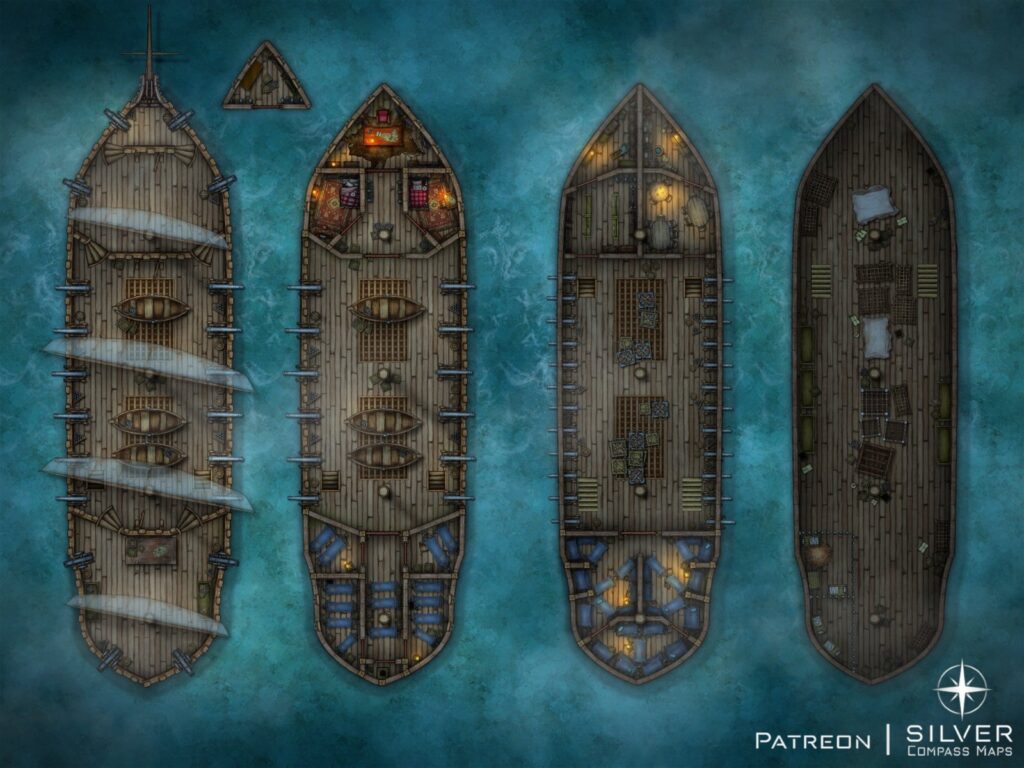 A large ship with cannons at night.